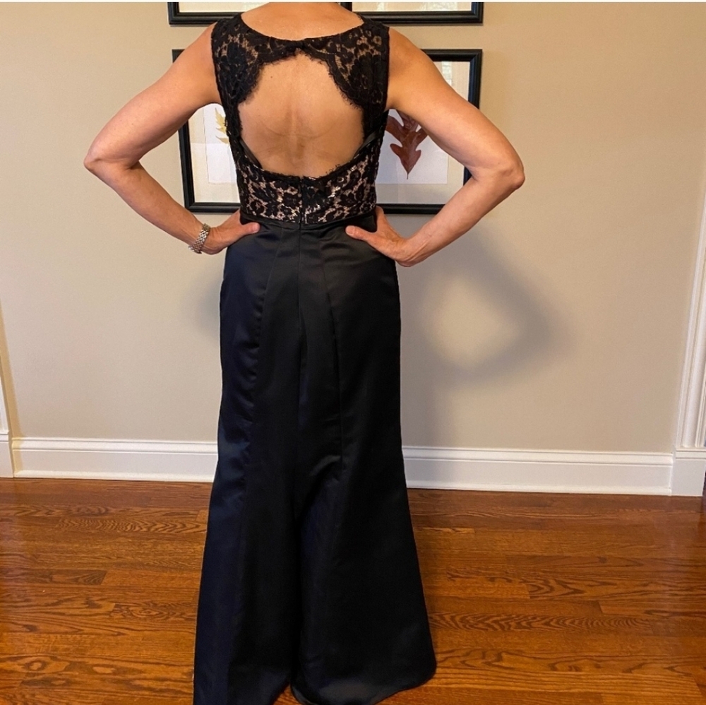 Prom Brown satin dress with lace over nude detail